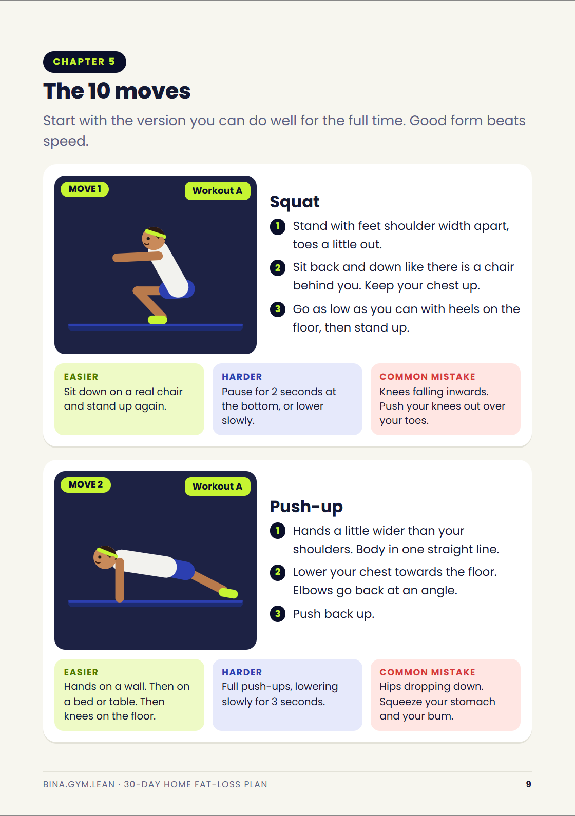 Ebook page: two moves with pictures, easier and harder versions